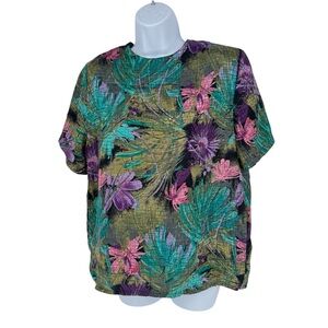 Vintage By Vikki Vibrant Artsy Bold Colorful Green Floral Keyhole Blouse Medium